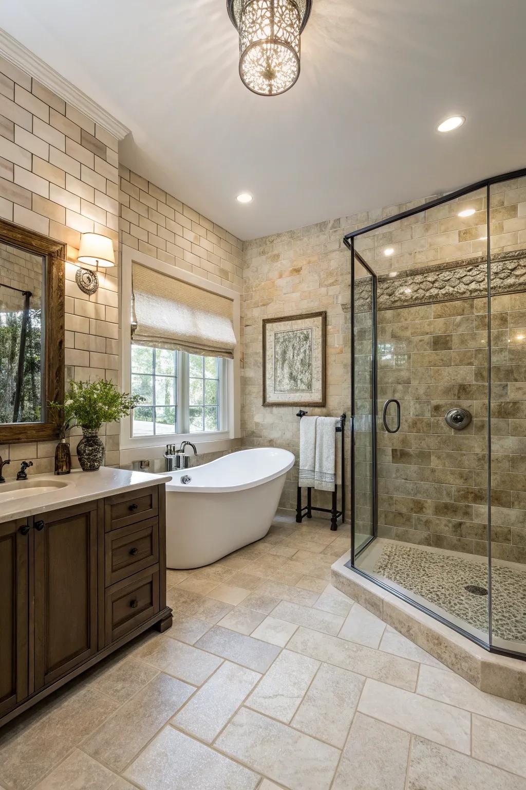 A sense of timeless grace and refinement is imparted onto this bathroom via stone claddings.