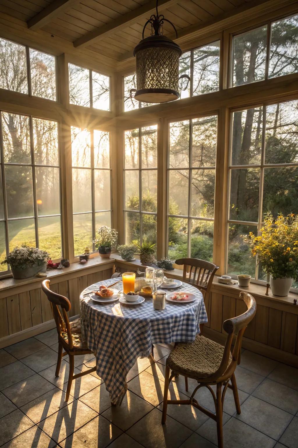 A charming breakfast corner in a sunroom.