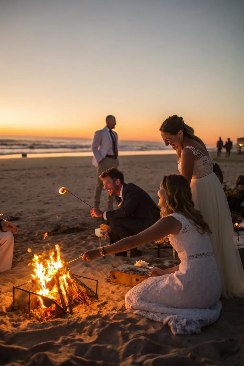A snug bonfire with attendees savoring sweet treats at sundown.