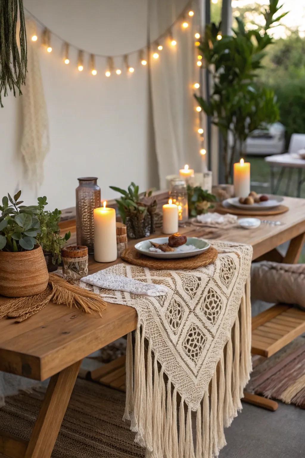 A bohemian table arrangement featuring layered fabrics and earthy hues.