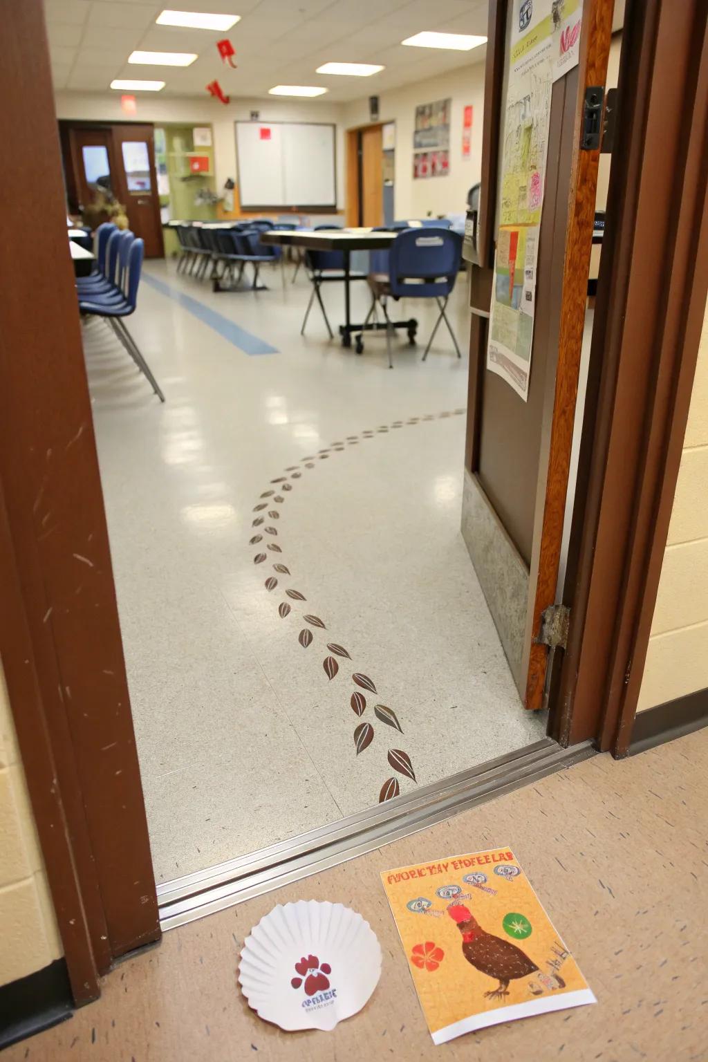 A playful Turkey Tracks door display, heartily welcoming students.