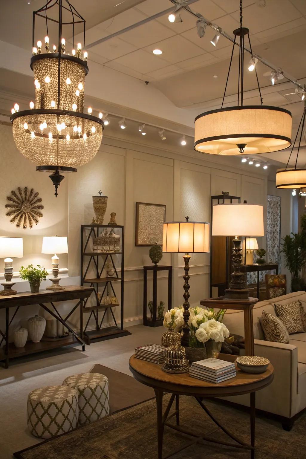 Tiered lighting adds depth and balance.