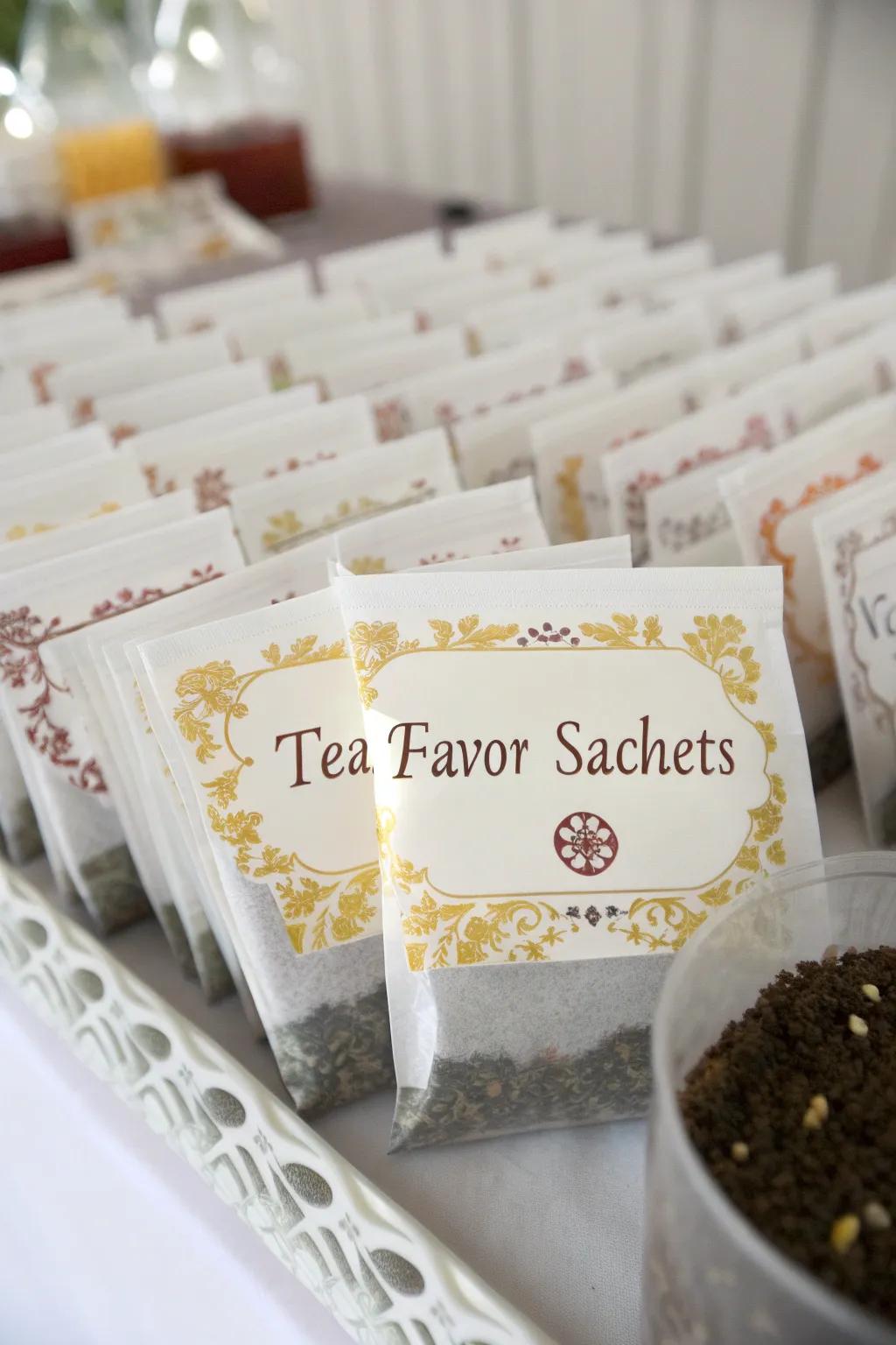 Thoughtful personalized tea favors for guests to take home.