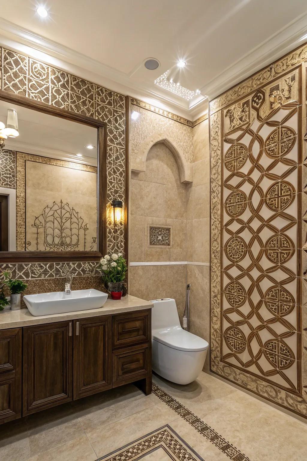 A centerpiece wall becomes a stunning focal point in the bathroom.