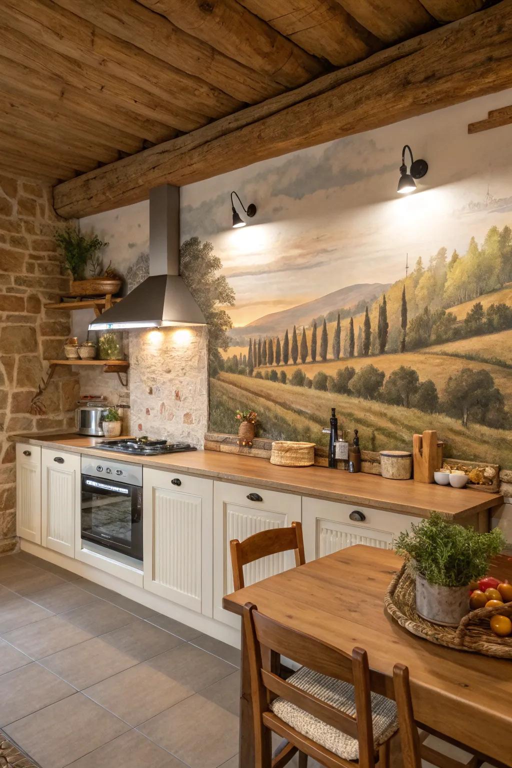 Create a warm farmhouse feel with a rustic mural in your kitchen.