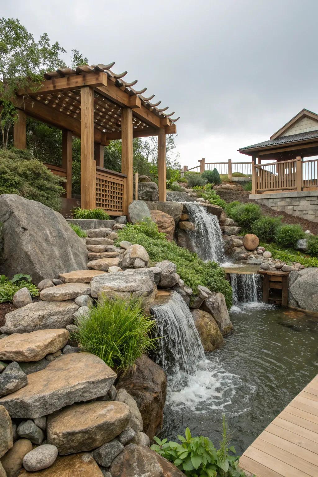 Wood and rock elements create a balanced and harmonious waterfall.