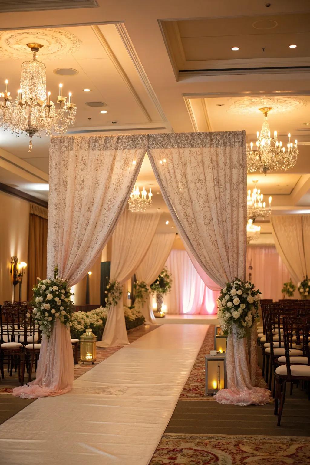 Drapery dividers fashion intimate and sophisticated zones.