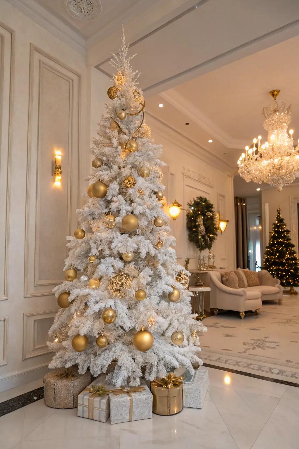 Sophisticated champagne gold theme on a white Christmas tree.