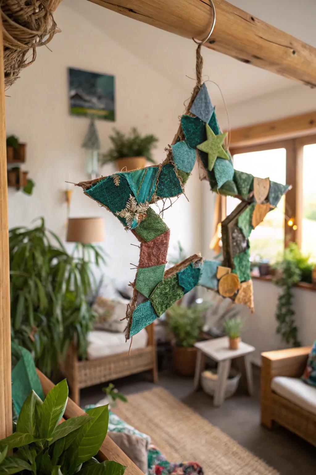 An eco-friendly fabric scrap star wreath for conscious living.