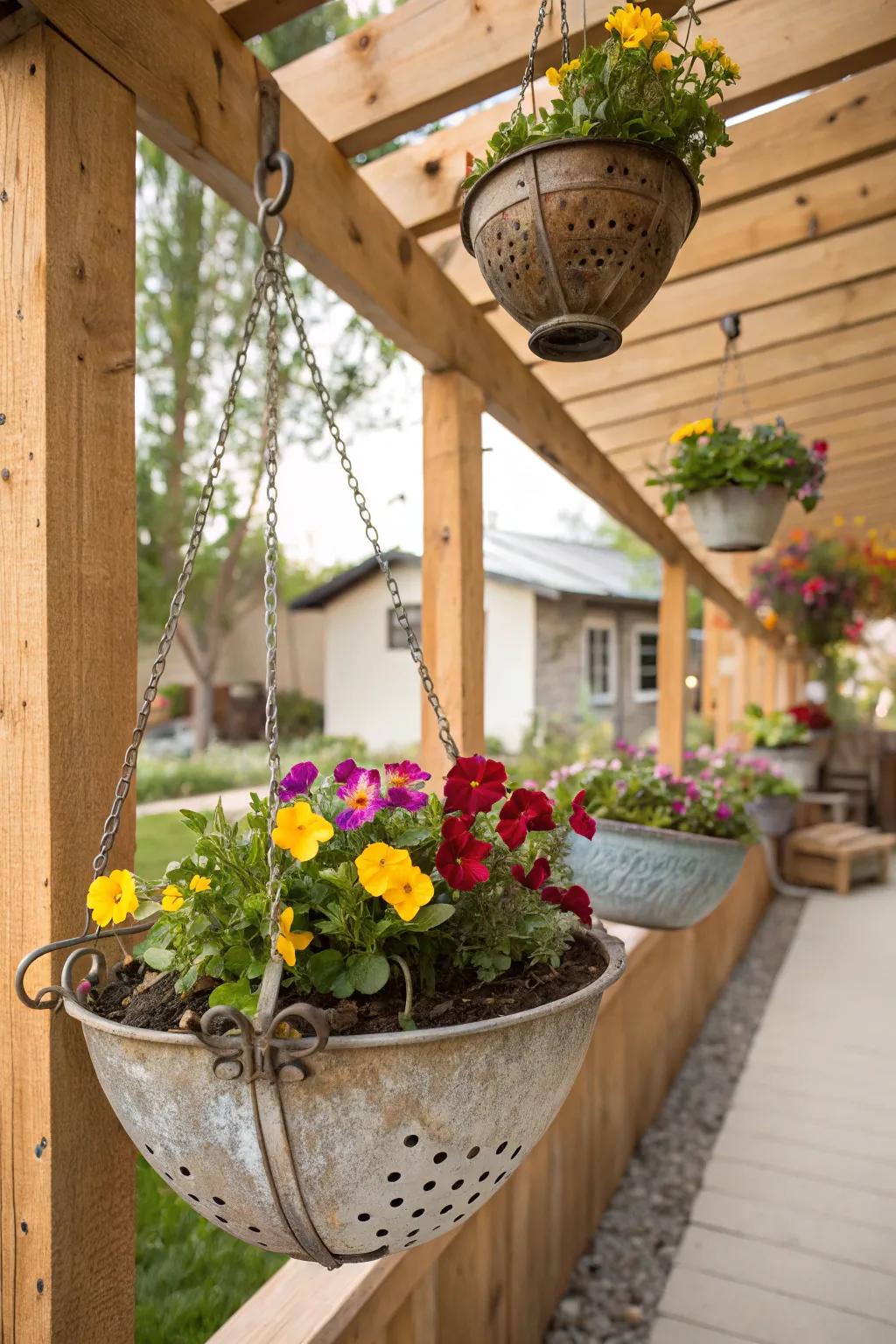 Hanging colander planters add a quirky touch to this garden.