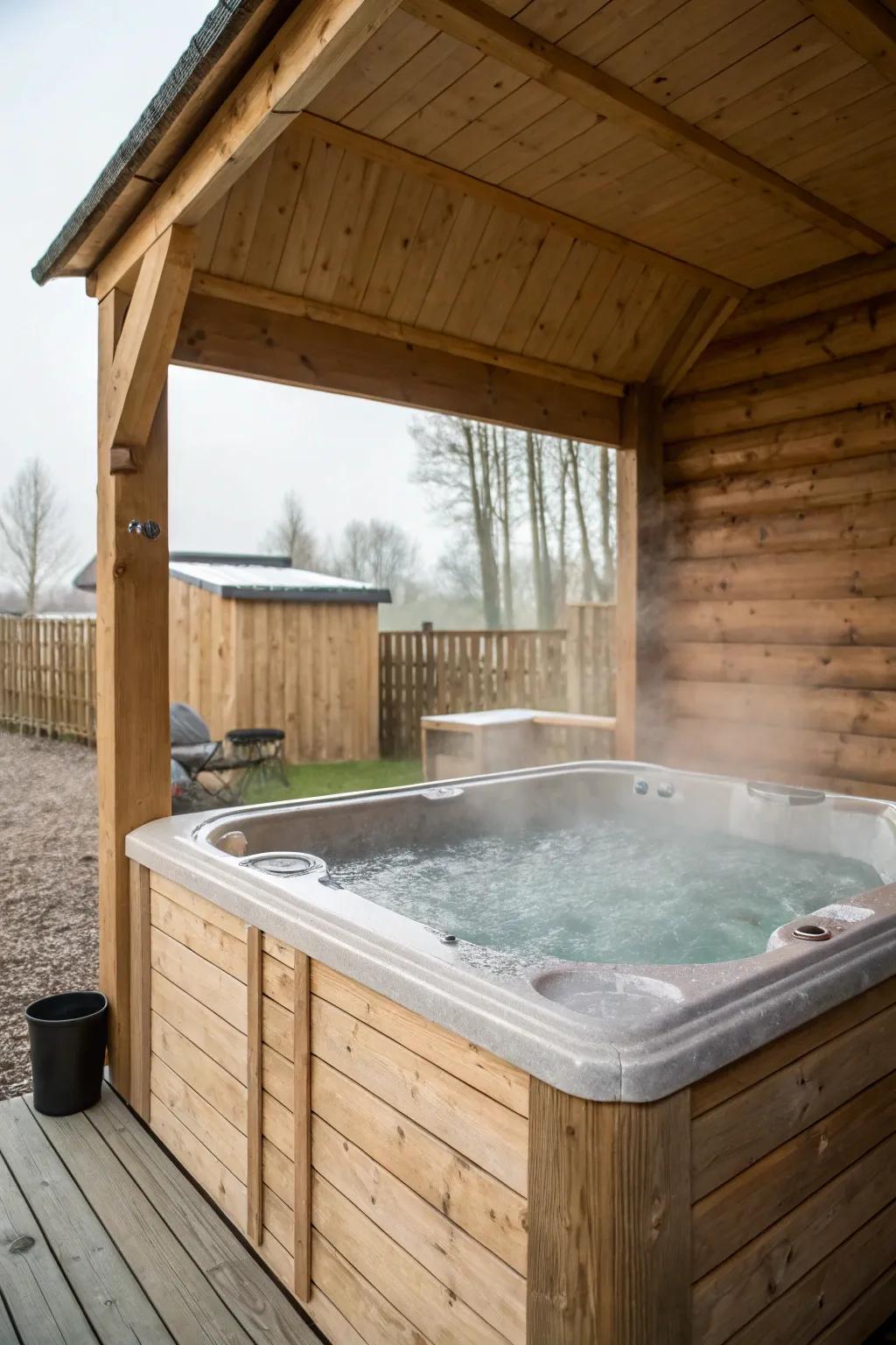 A rustic wood enclosure adds a cozy, cabin-like feel.