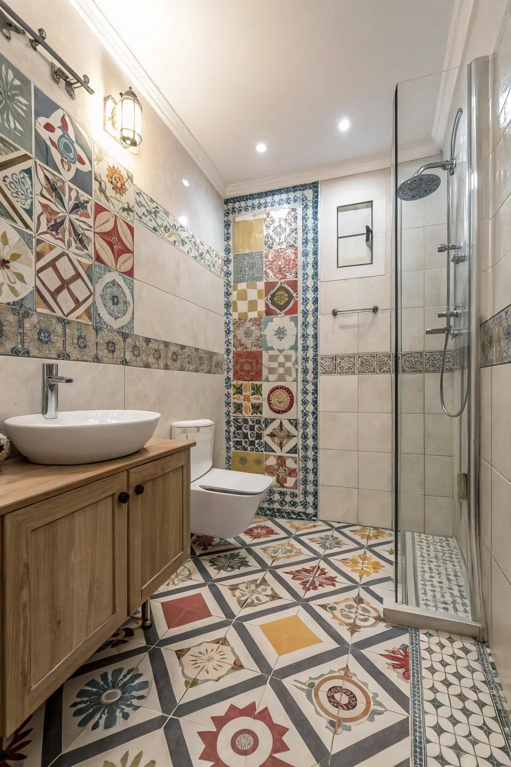 Combining tile patterns creates a unique, eclectic appearance.