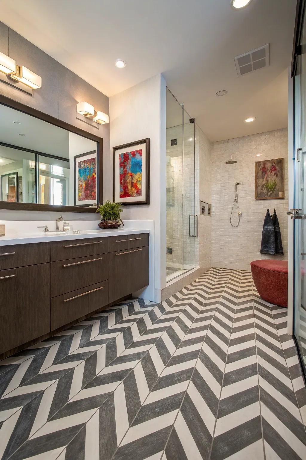 Chevron durable flooring introduces dynamic energy to this stylish bathroom.