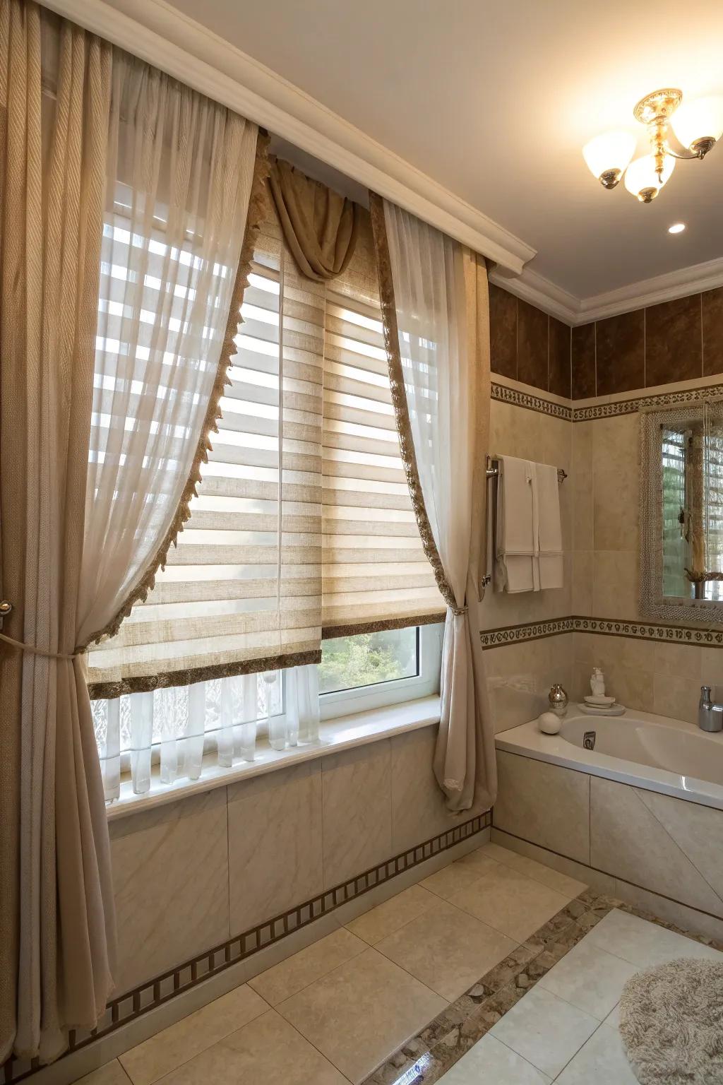 Layered window treatments offering flexible light and privacy control.