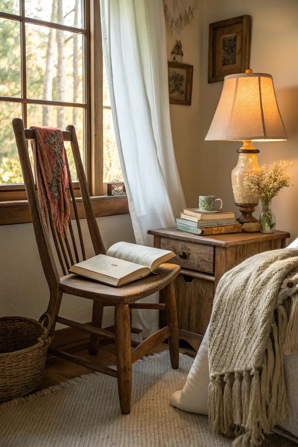Wooden chairs offer rustic charm and warmth to any bedroom, enhancing the cozy ambiance.