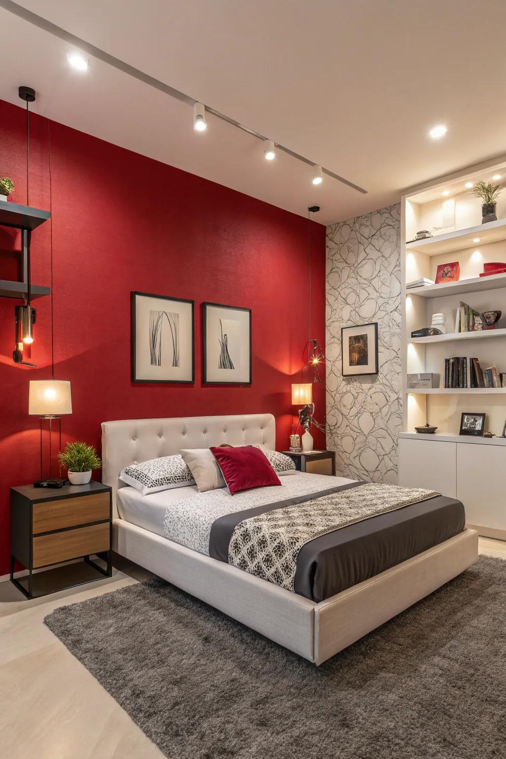 A striking bedroom with a bold red accent wall that adds drama and energy.