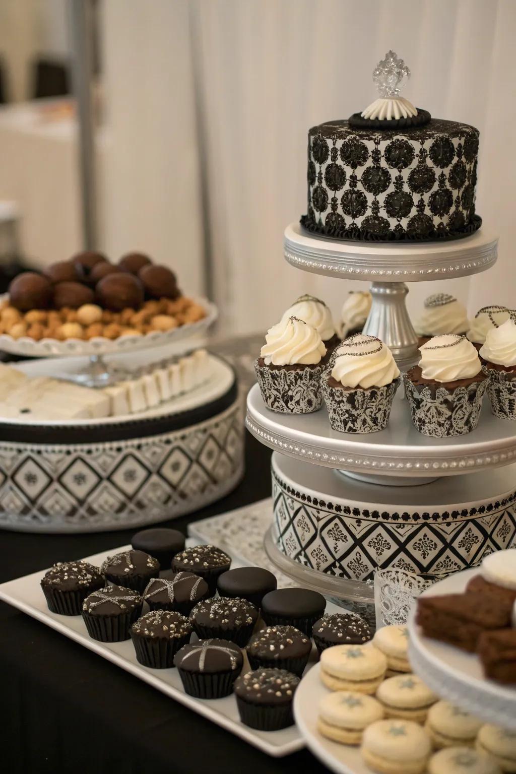 An innovative sweet treats table featuring ebony and argent treats.