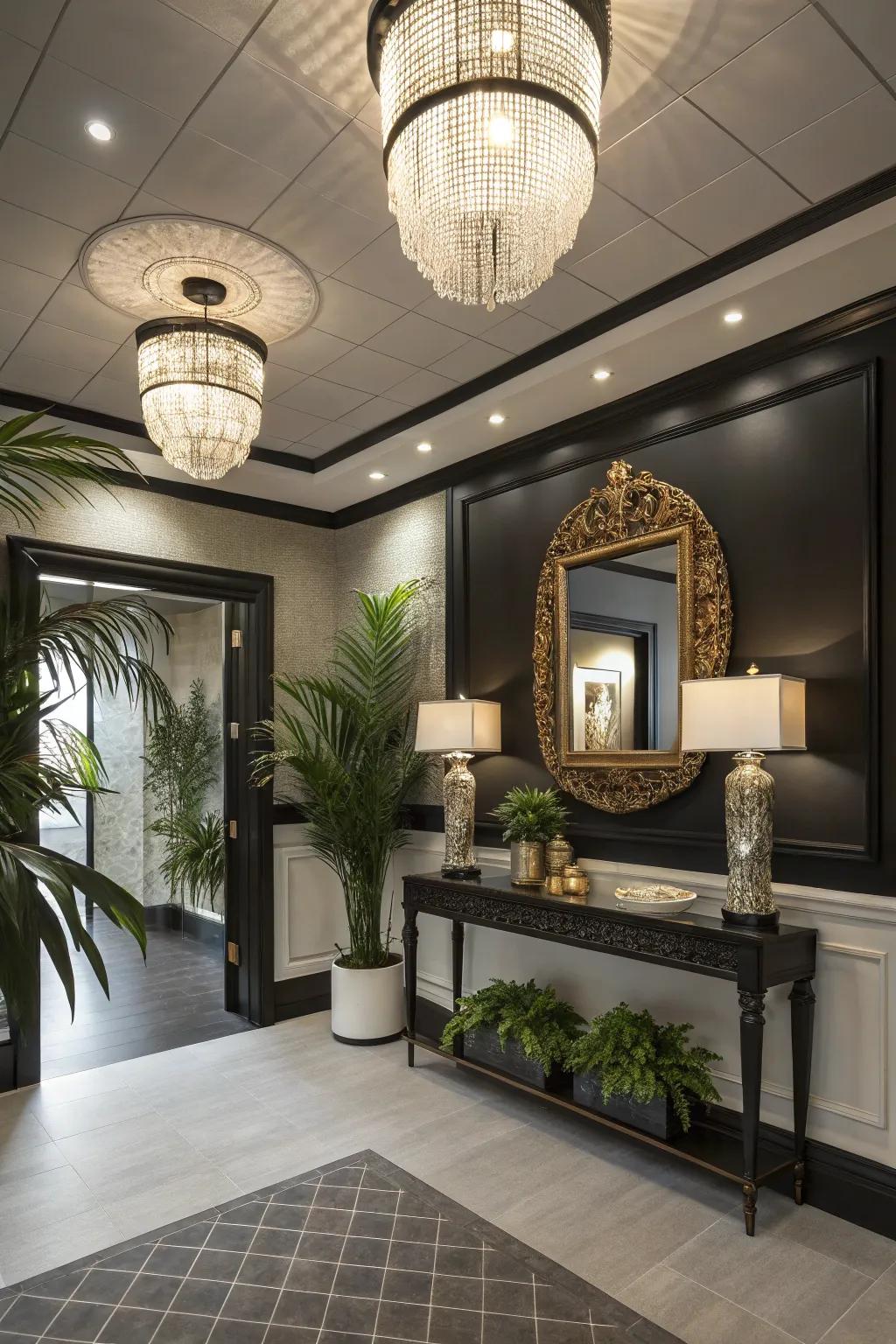 A grand entryway where a black ceiling makes a bold statement.