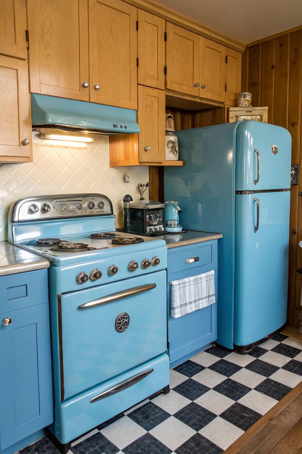 Retro blue appliances add a playful touch to the kitchen.