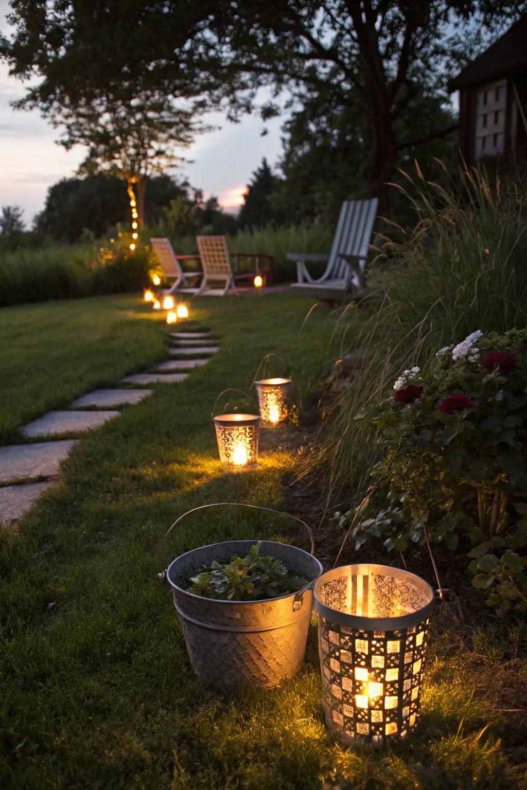 DIY bucket light planters casting a magical glow in the garden at night.