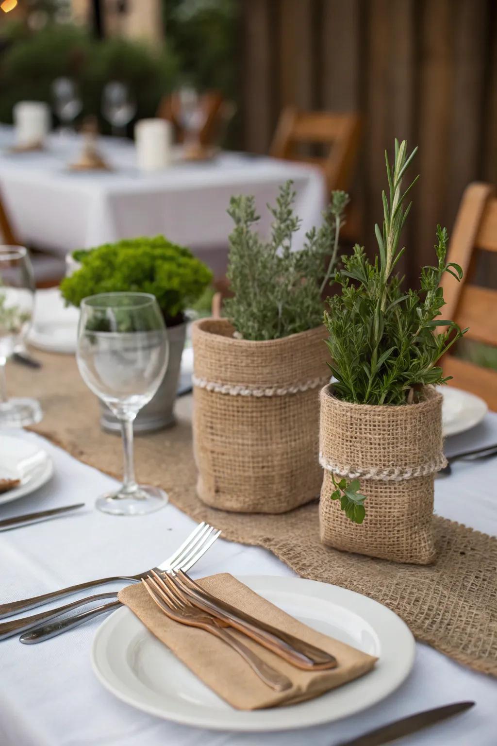 Burlap utensil holders keep dining neat and charming.