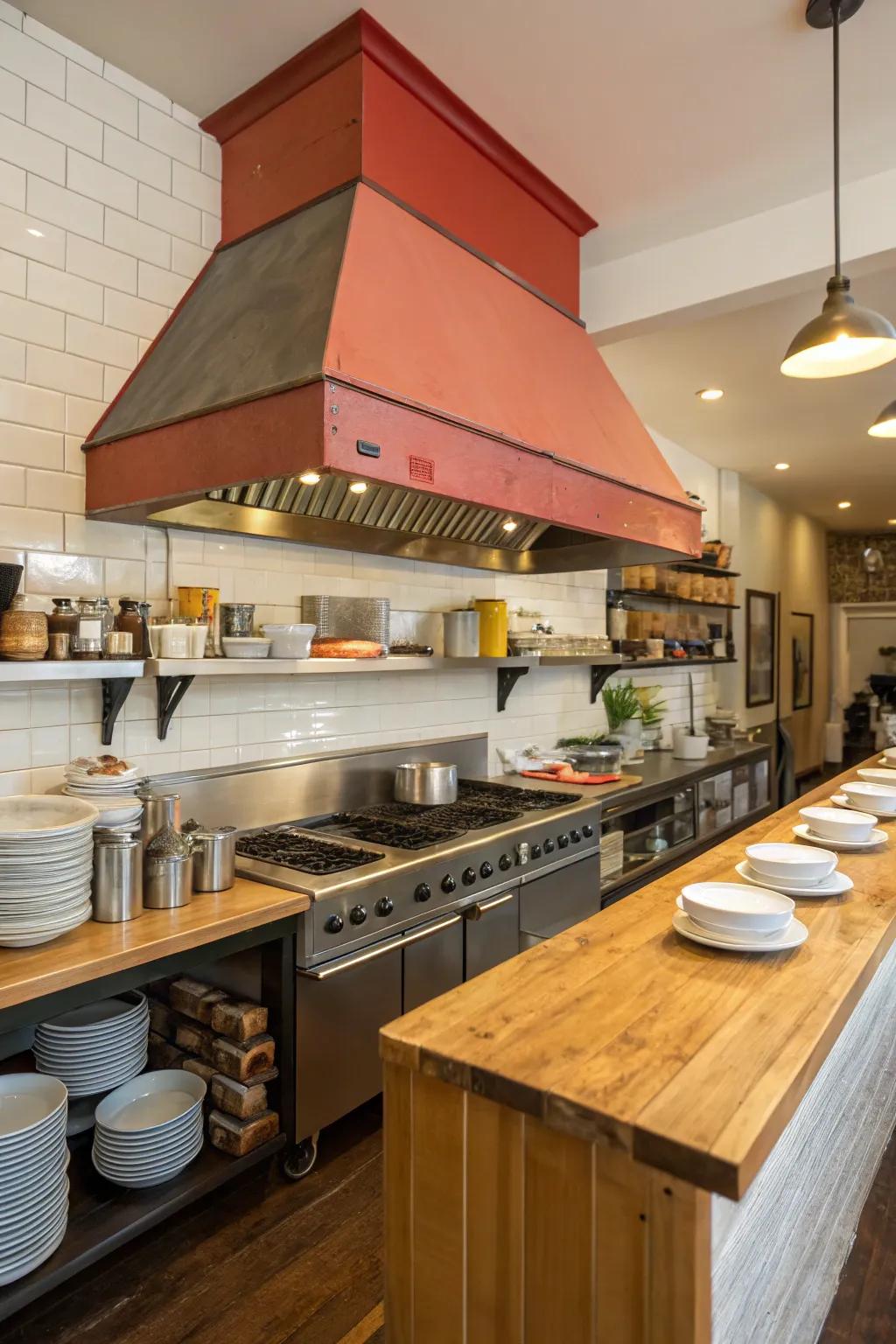 A statement hood in a cafe kitchen serving as a functional centerpiece.