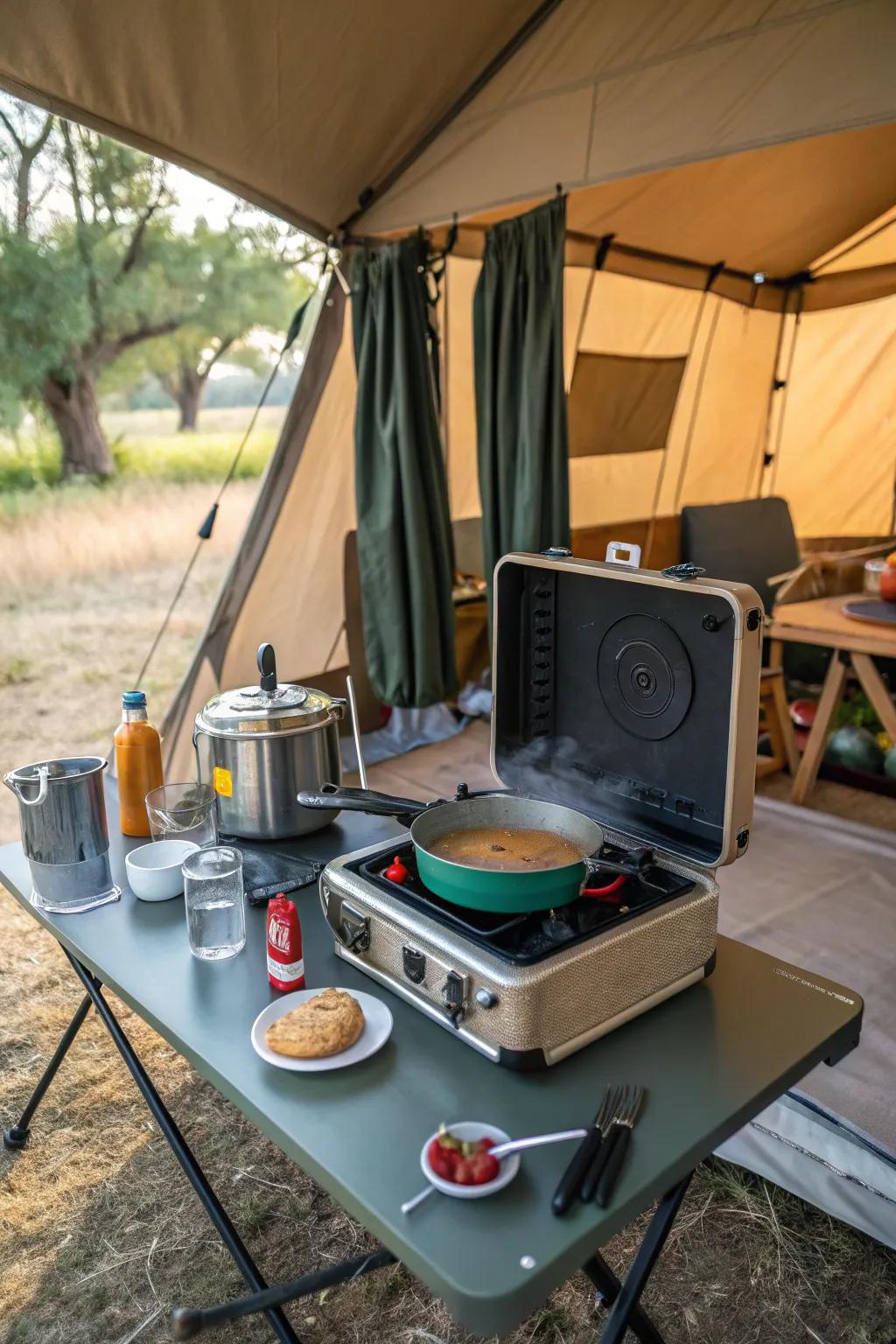 Transform any spot into a cooking space using a pop-up shelter.