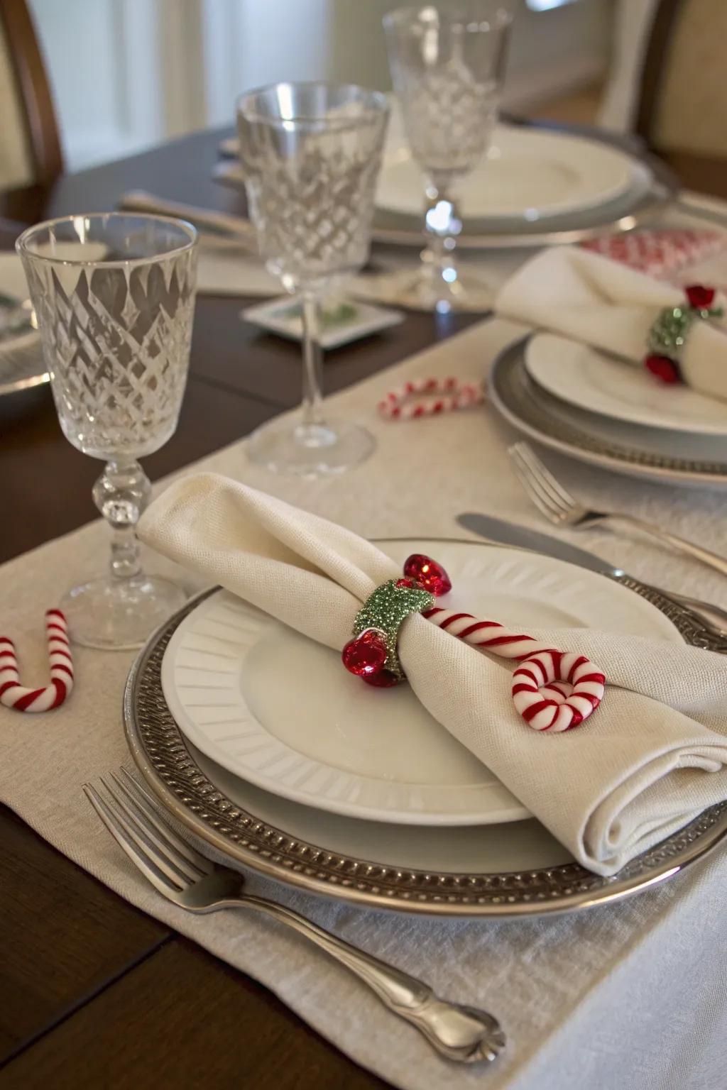 Inject a personal accent via candy cane serviette bands.