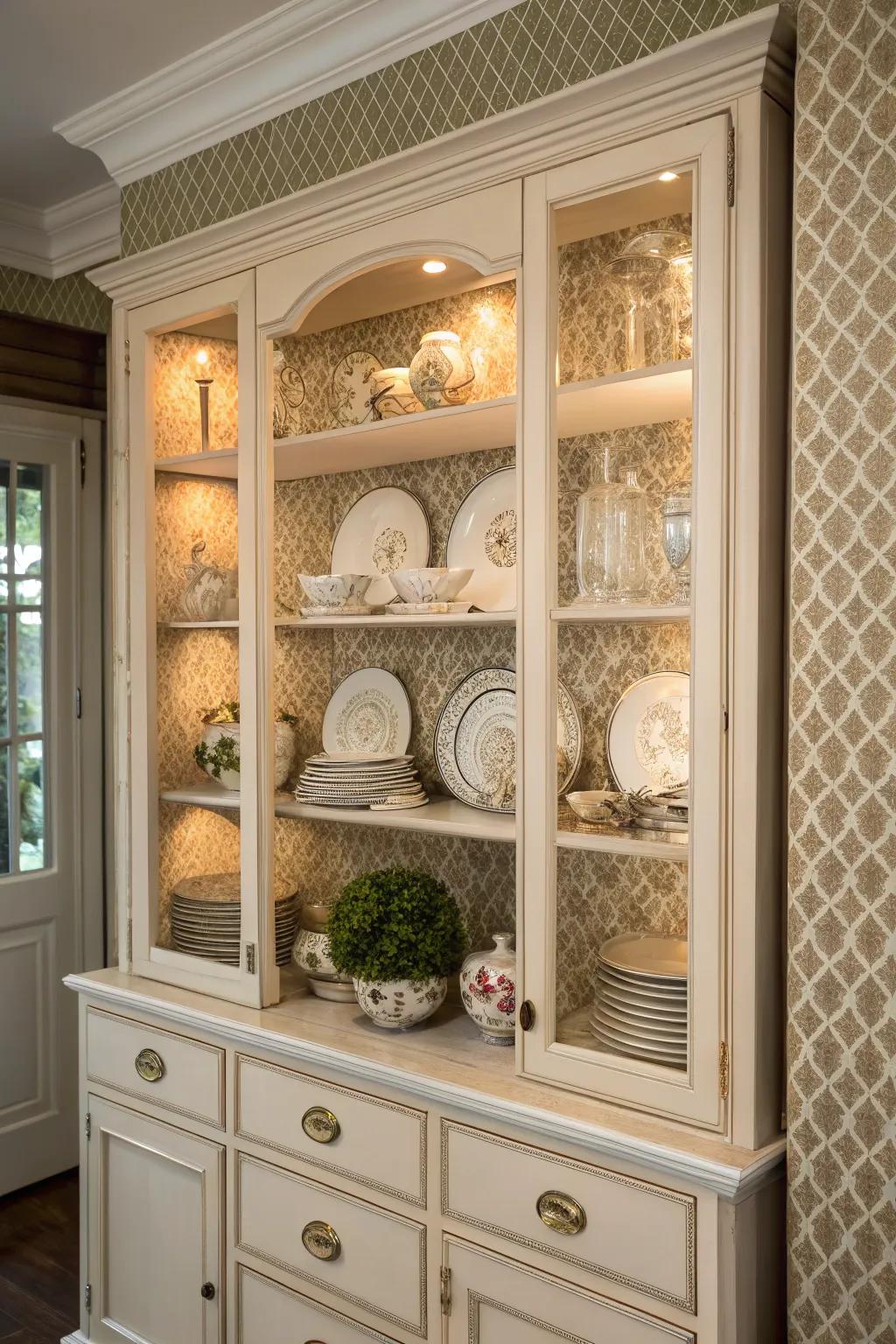 Layered wallpaper adding depth and tactile interest to a display case.