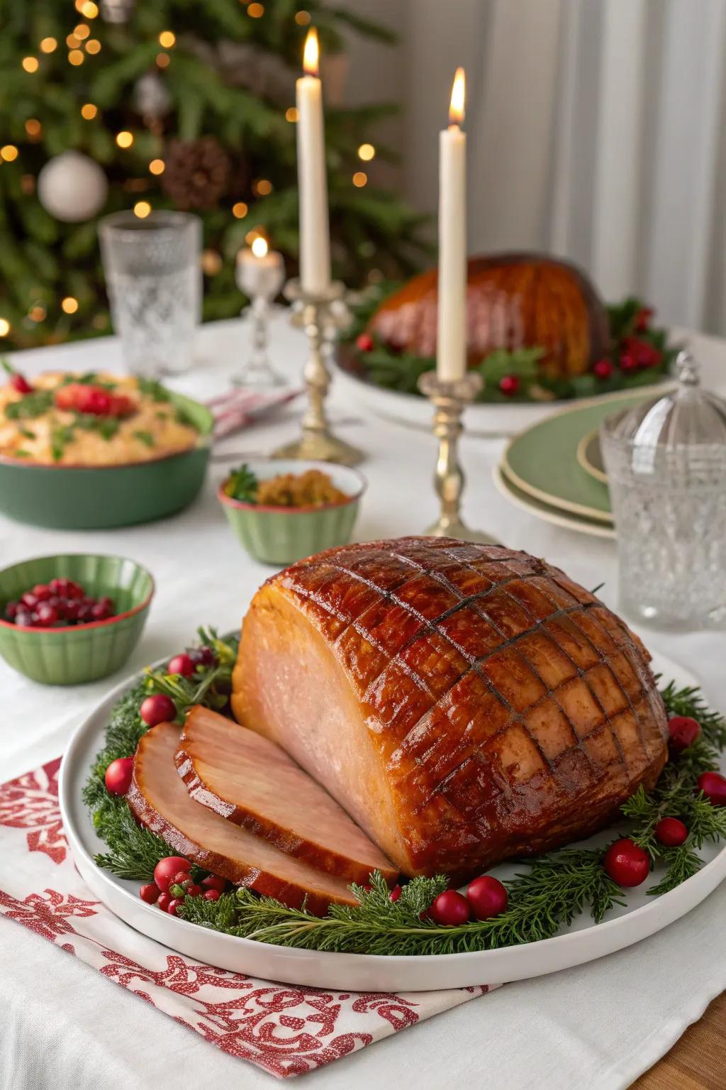 Savory and sweet maple glazed ham for a brunch centerpiece.