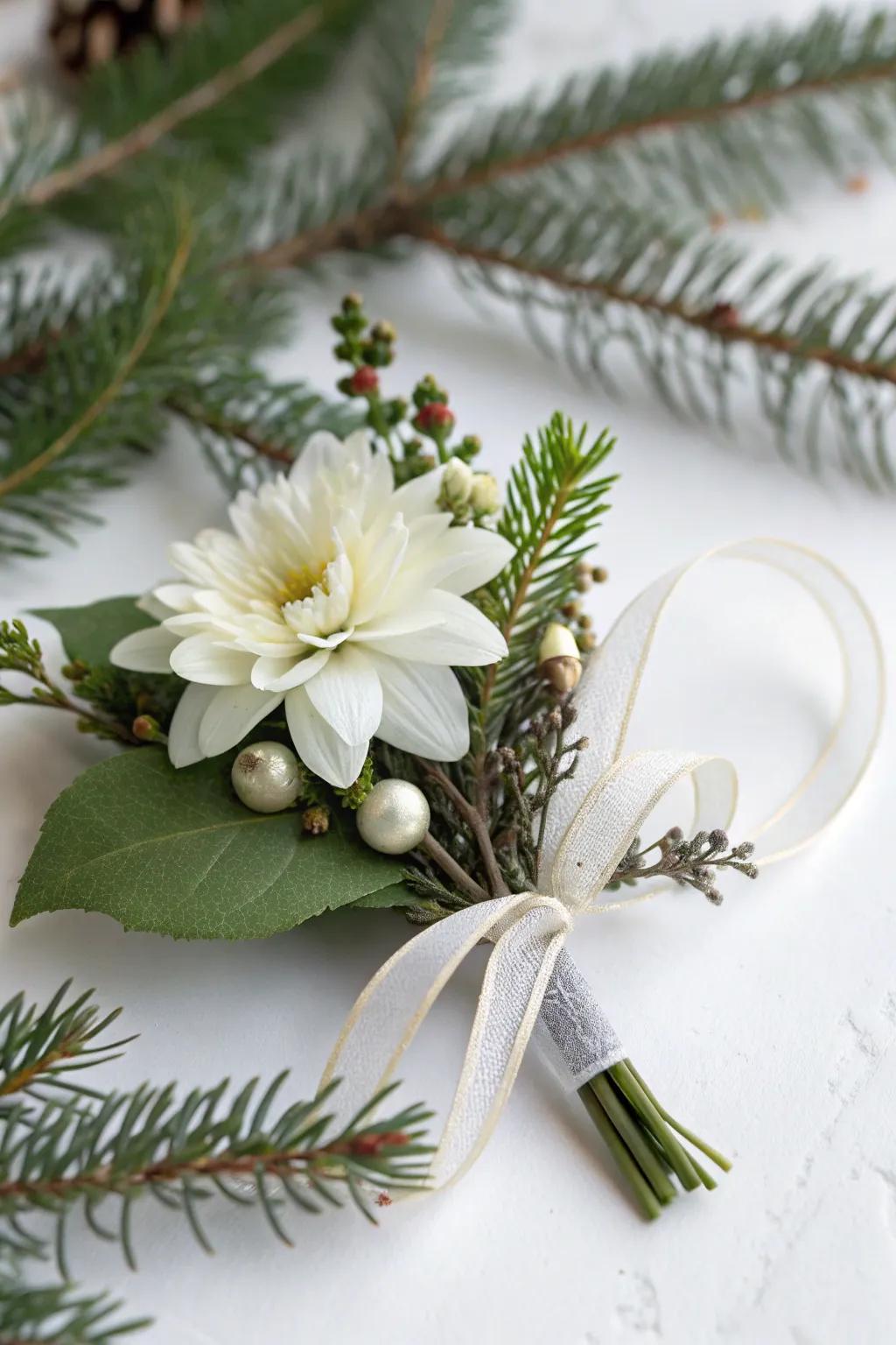 A chic minimalist Christmas corsage with a white flower.