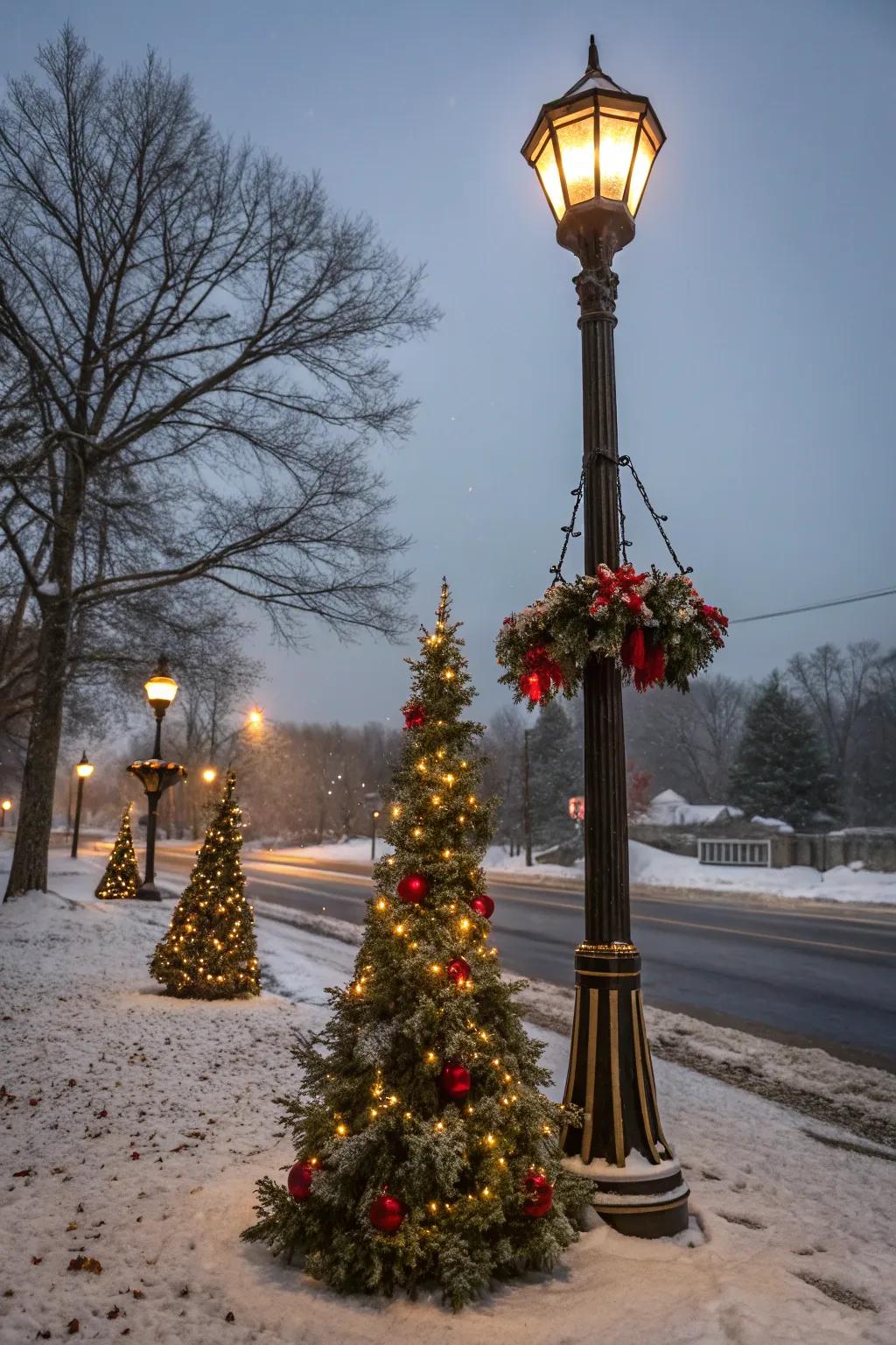 Mini Christmas trees add festive charm to the base of a lamp post.