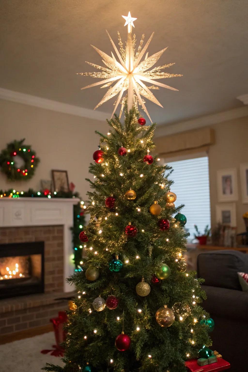 A unique lighted starburst topper creating a stunning tree focal point.