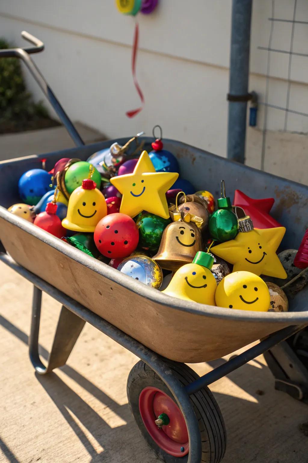 A wheelbarrow overflowing with symbols of holiday joy.