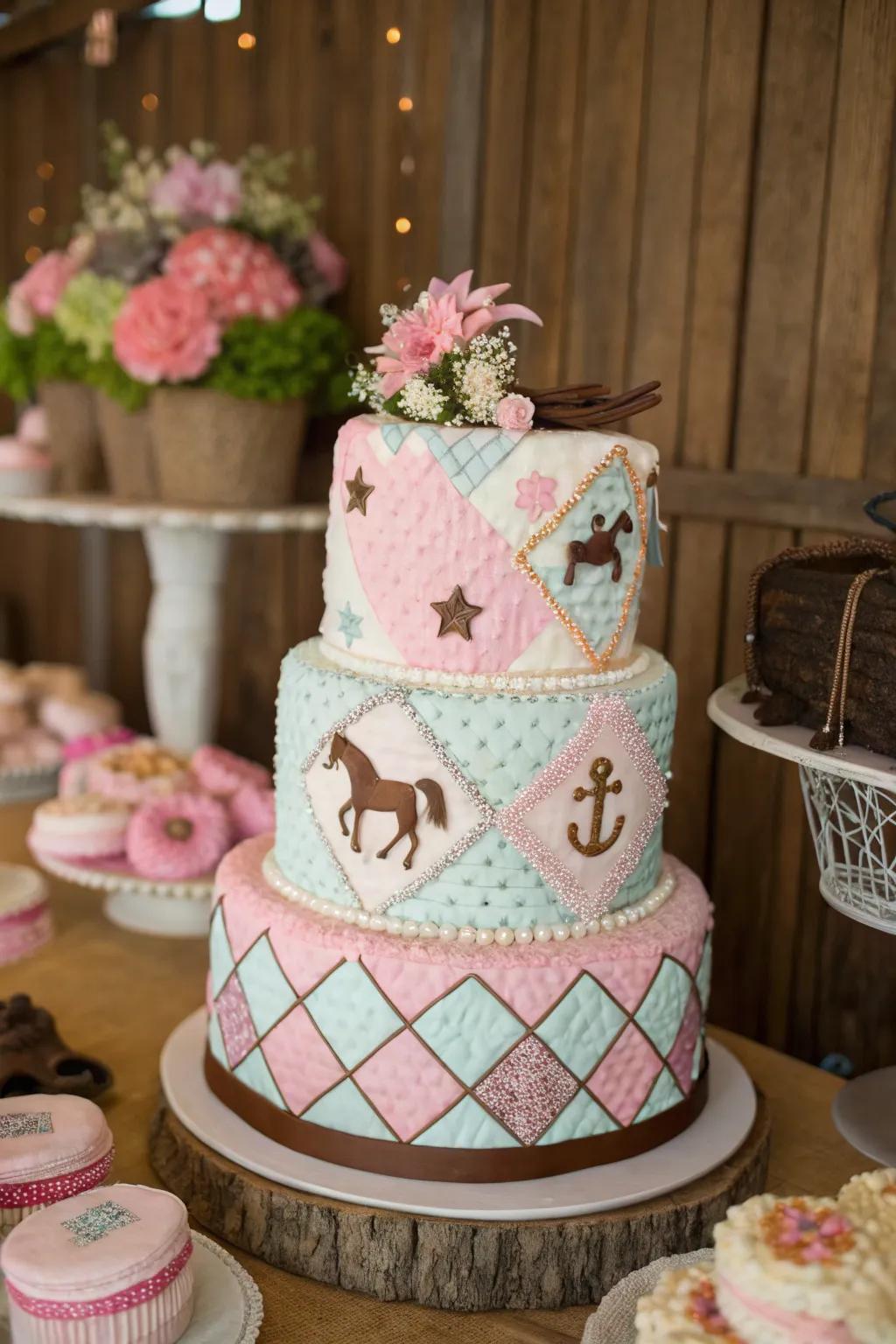 A patchwork quilt design appends texture and warmth to this cowgirl baby shower cake, creating a cozy and inviting centerpiece.