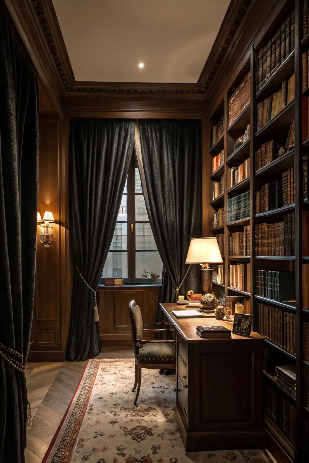 Drapes trimmed with dark hues enhance persona and drama.