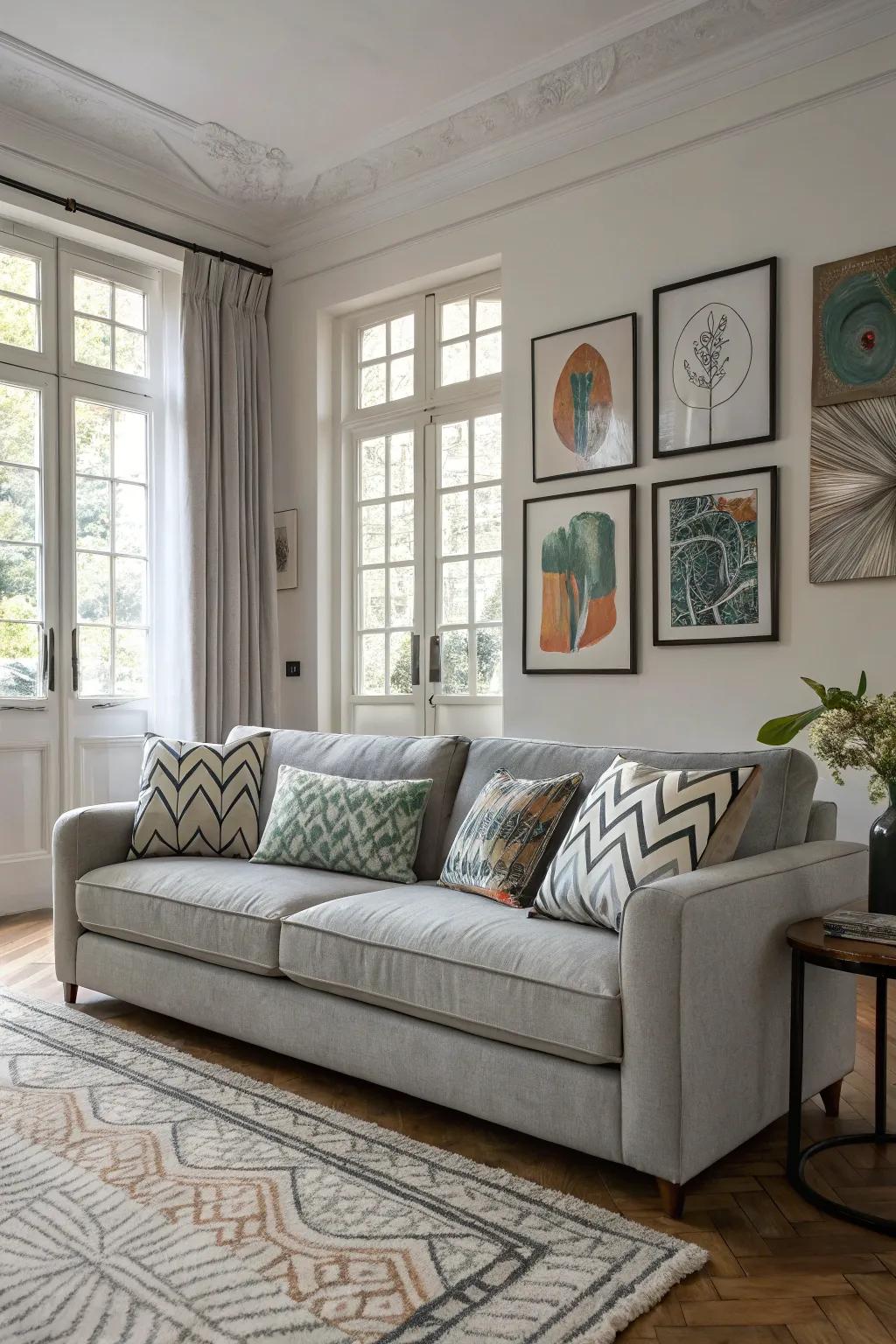 Conceptual patterns incorporate a creative flair onto a charcoal sofa.