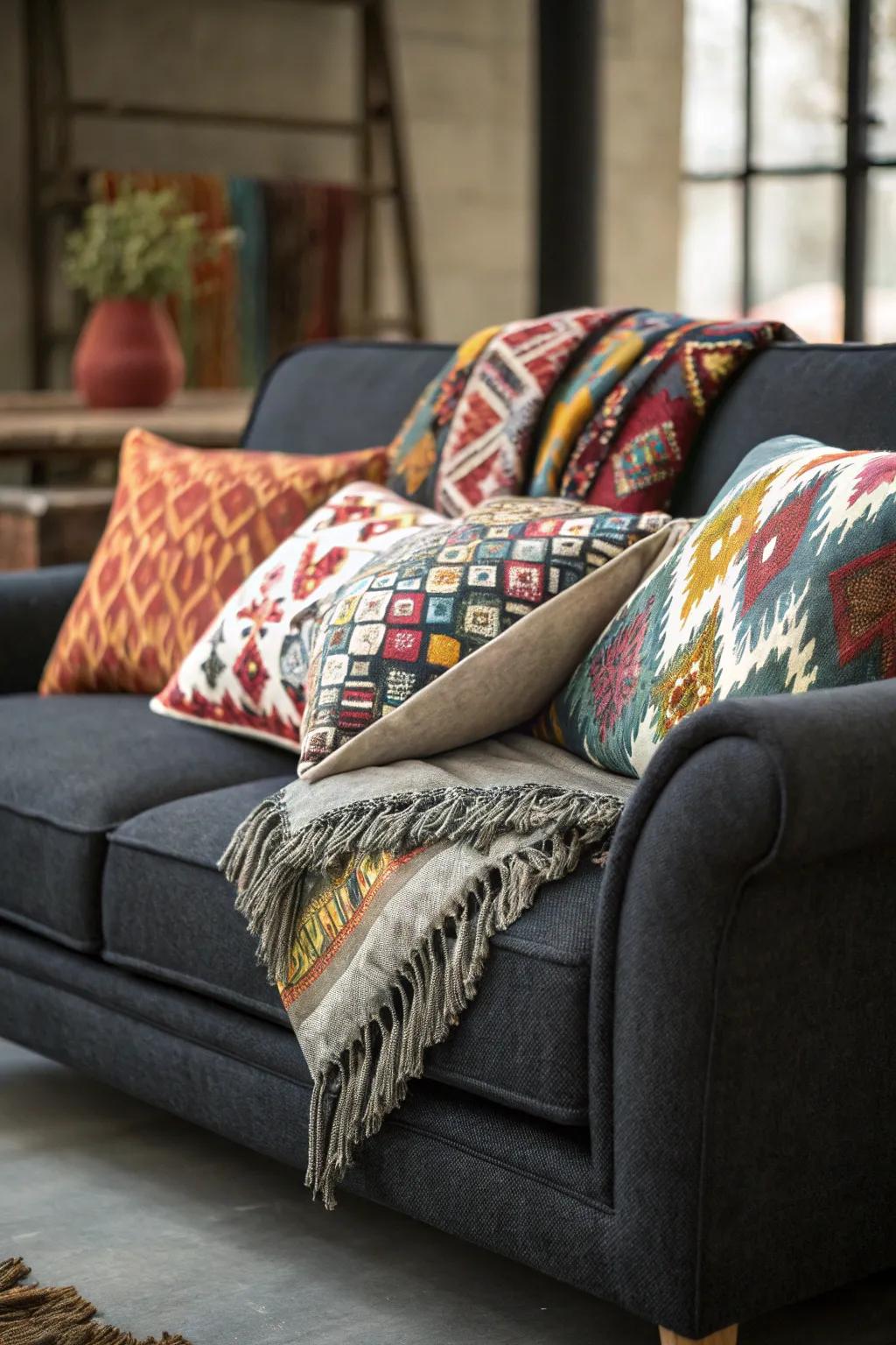 Mixing patterns adds a playful touch to a grey sofa setting.