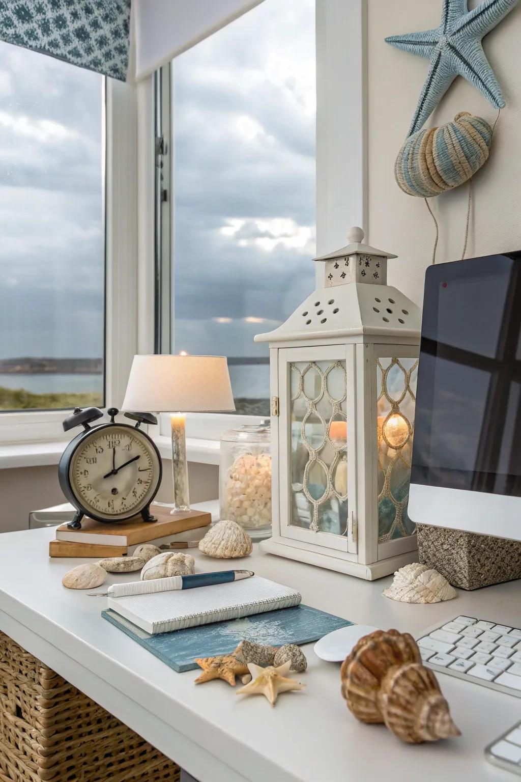 A thematic arrangement, such as coastal, adding a personal touch to the workspace.