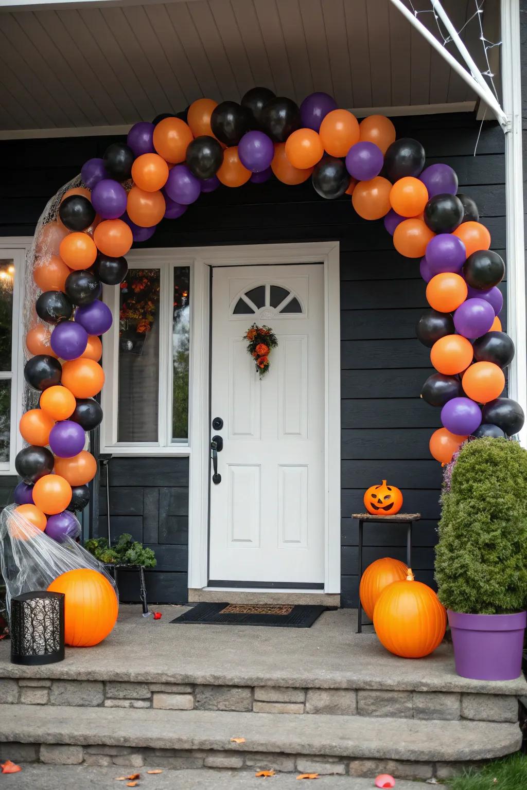 A vibrant balloon arch welcomes visitors with Halloween cheer.