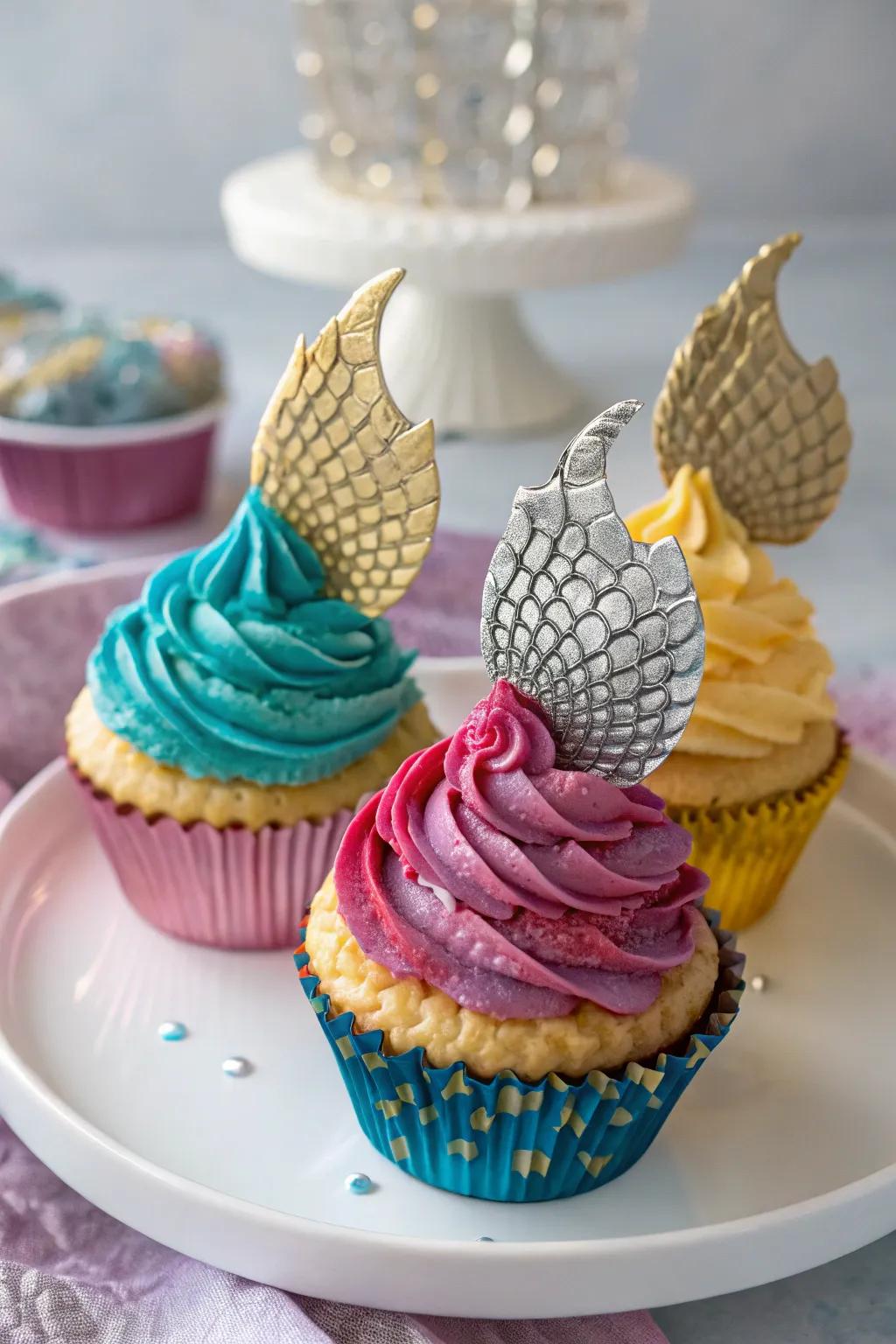 Dragon scale cupcake toppers add a magical touch to desserts.