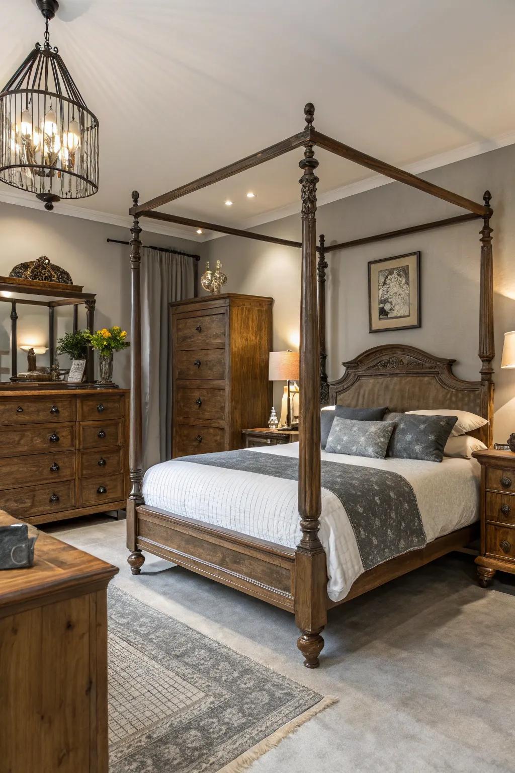 Vintage furniture contributes character and a timeless charm.