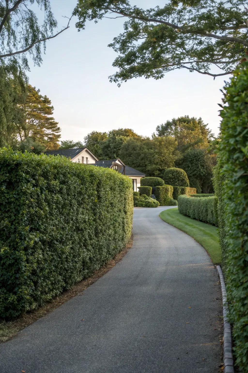 Wind-blocking hedges furnishing protection and enrichment alongside a driveway.