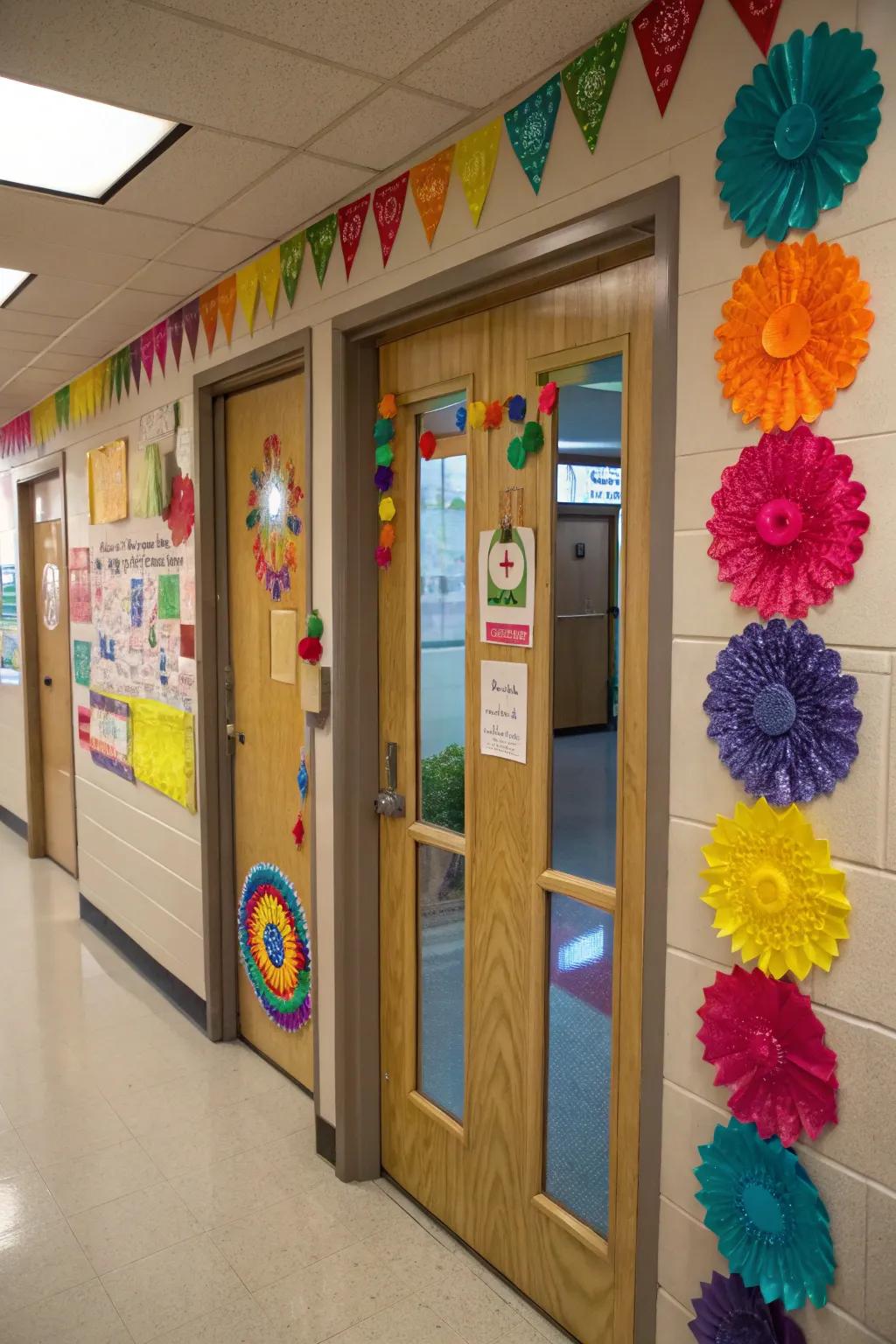 Springtime suncatchers bring a magical glow to this classroom door, catching the light beautifully.