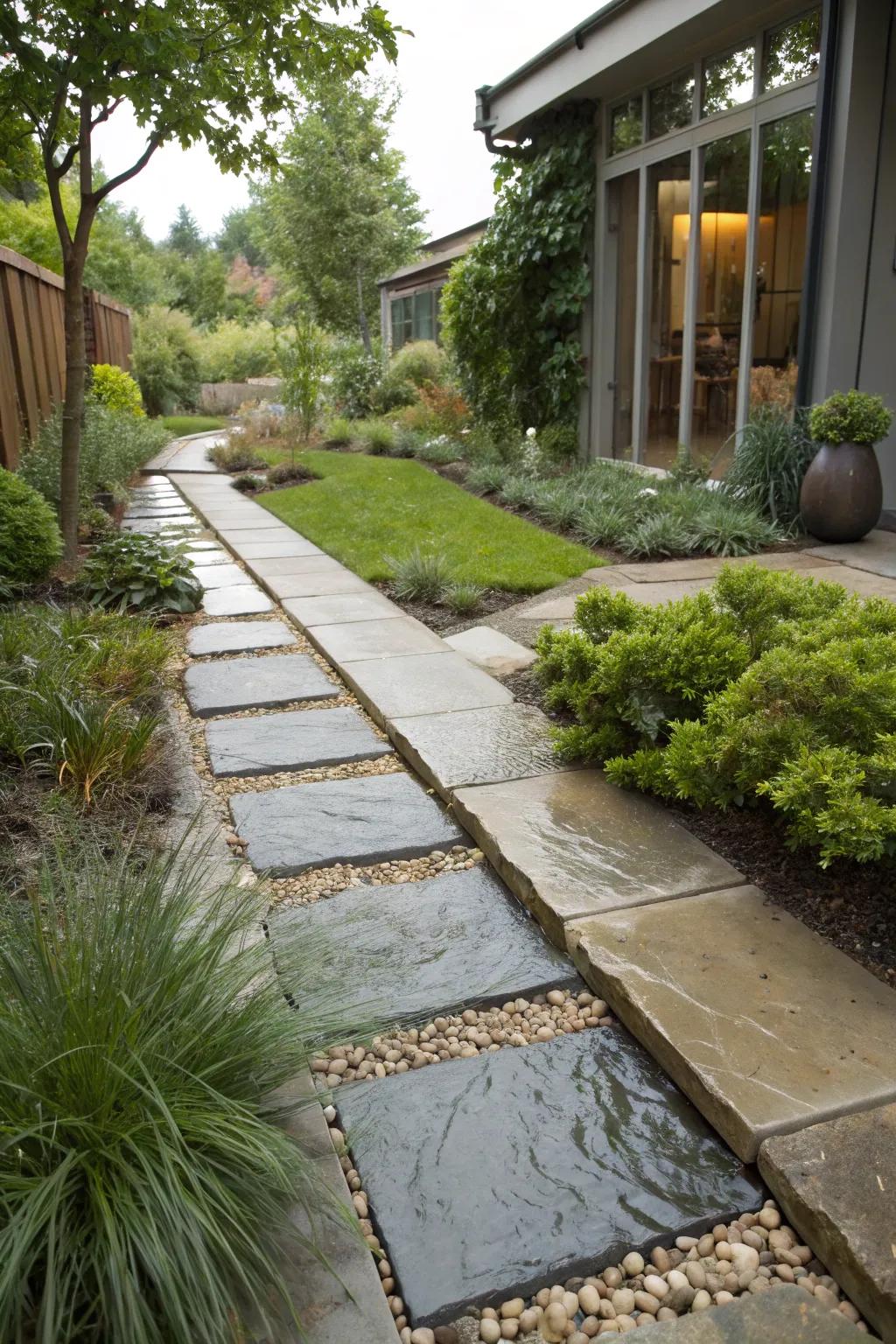 A sustainable cobblestone path engineered for effective water runoff.