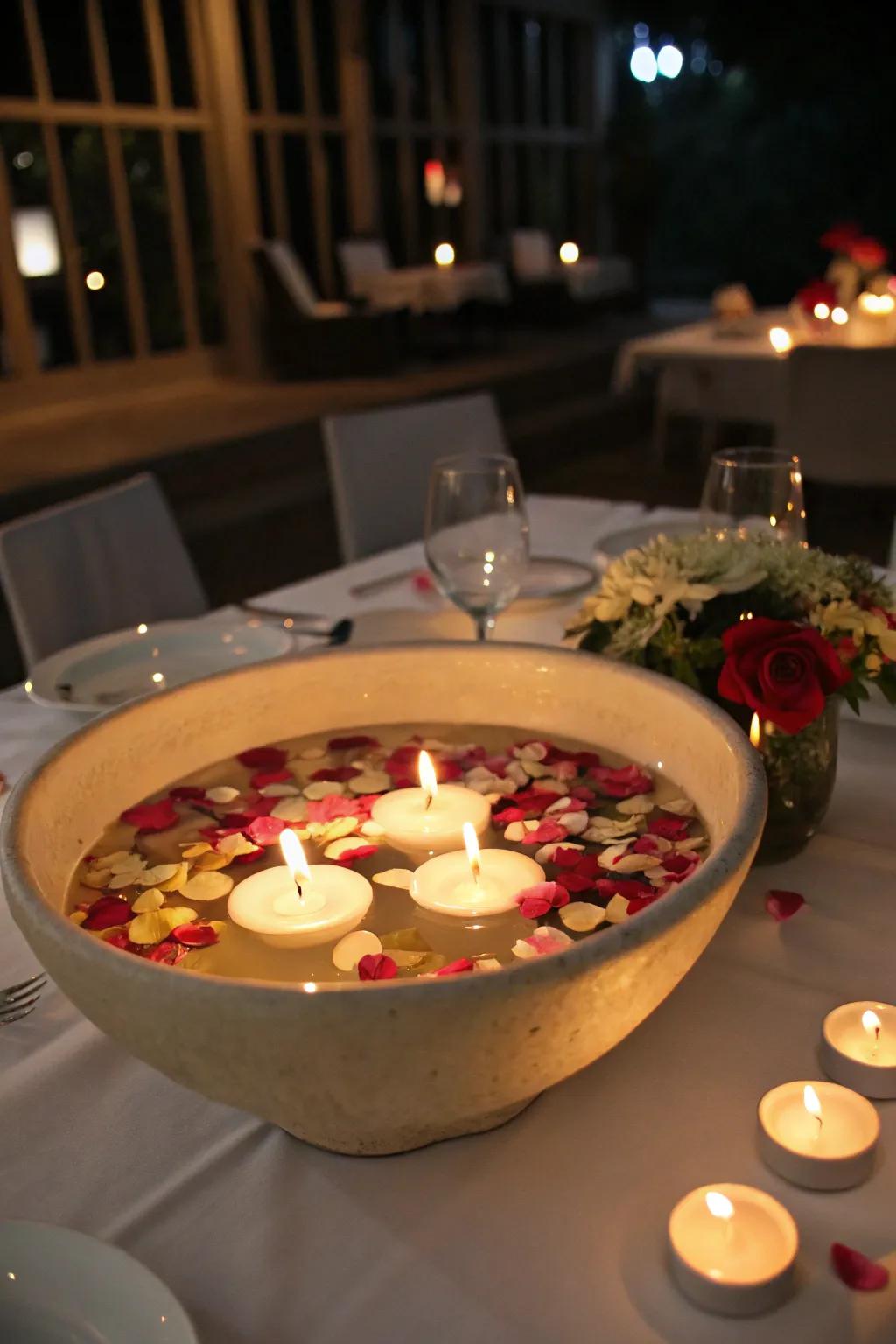 A serene floating wick and floral centerpiece.
