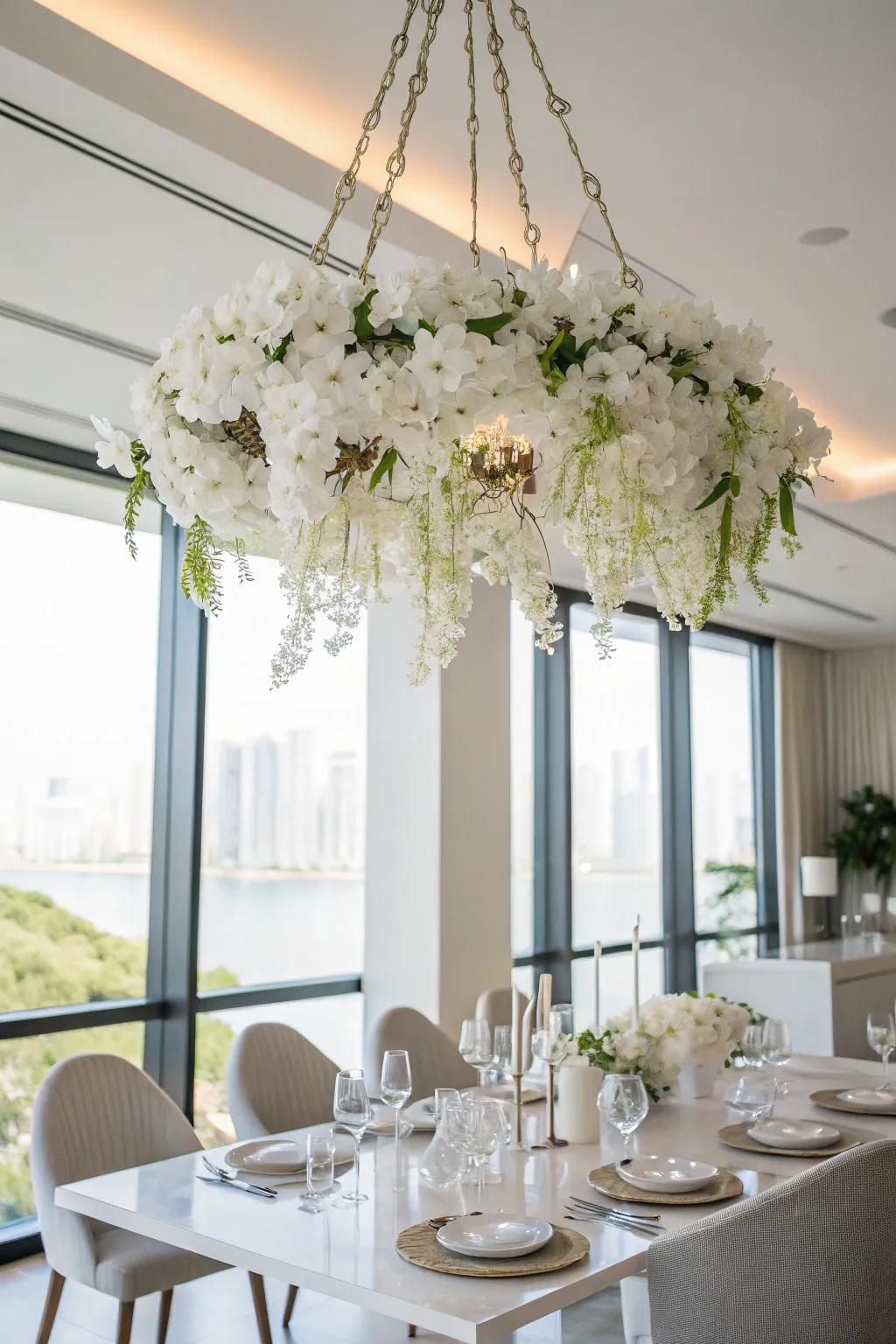 A white floral chandelier making a show-stopping statement.