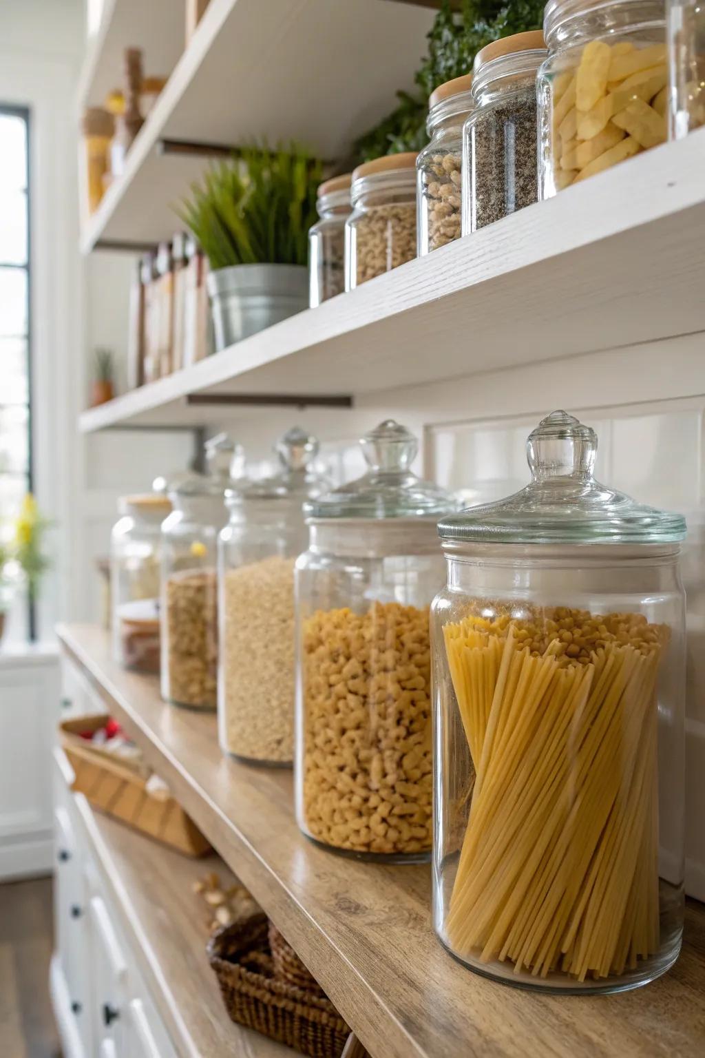 Glass canisters add elegance and practicality to kitchen storage.