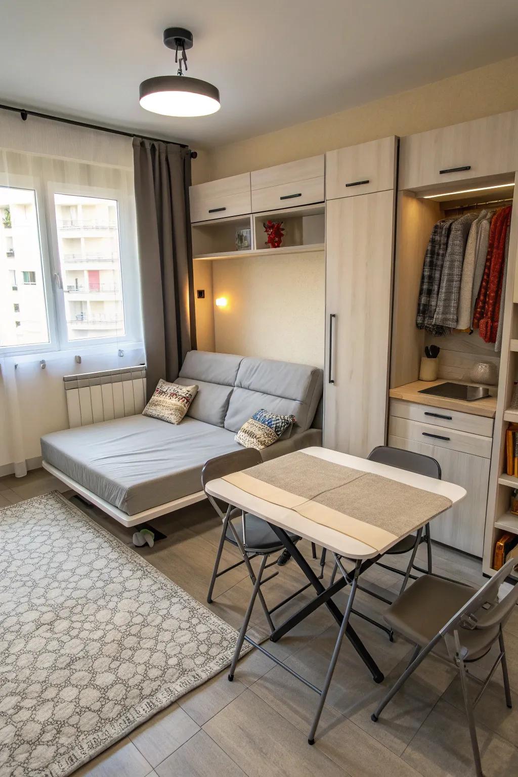 Convertible furniture maximizes space and functionality.