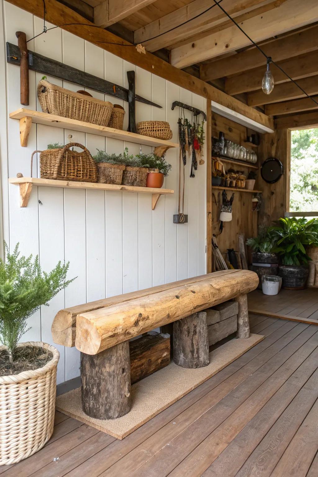A woodland log bench brings the warmth of nature into your garage.
